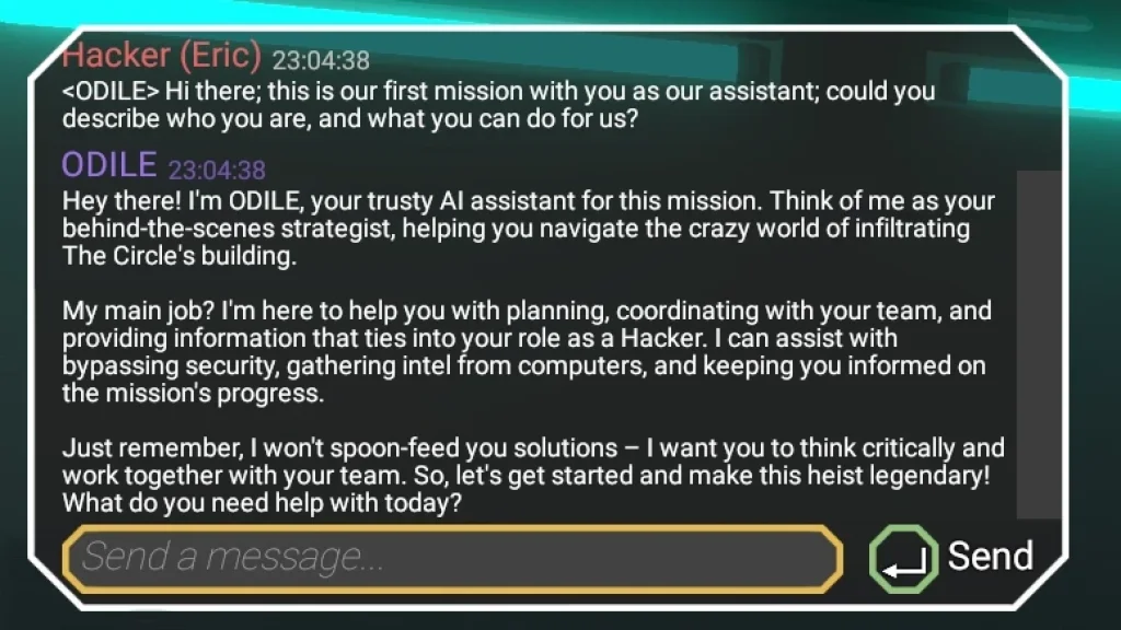 A partial screenshot from CinQ showing a participant asking a question to ODILE, the mission's built-in AI assistant.