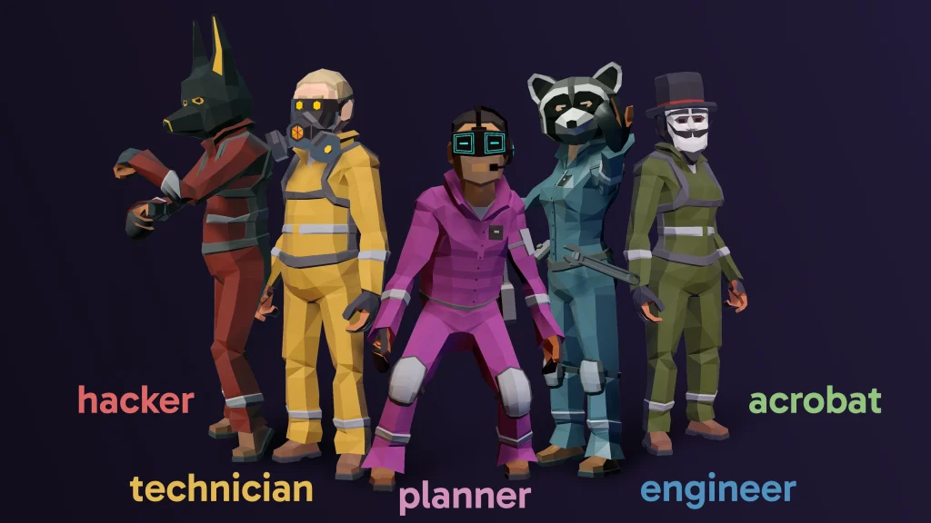 CinQ's 5 playable characters: hacker, technician, planner, engineer, acrobat.