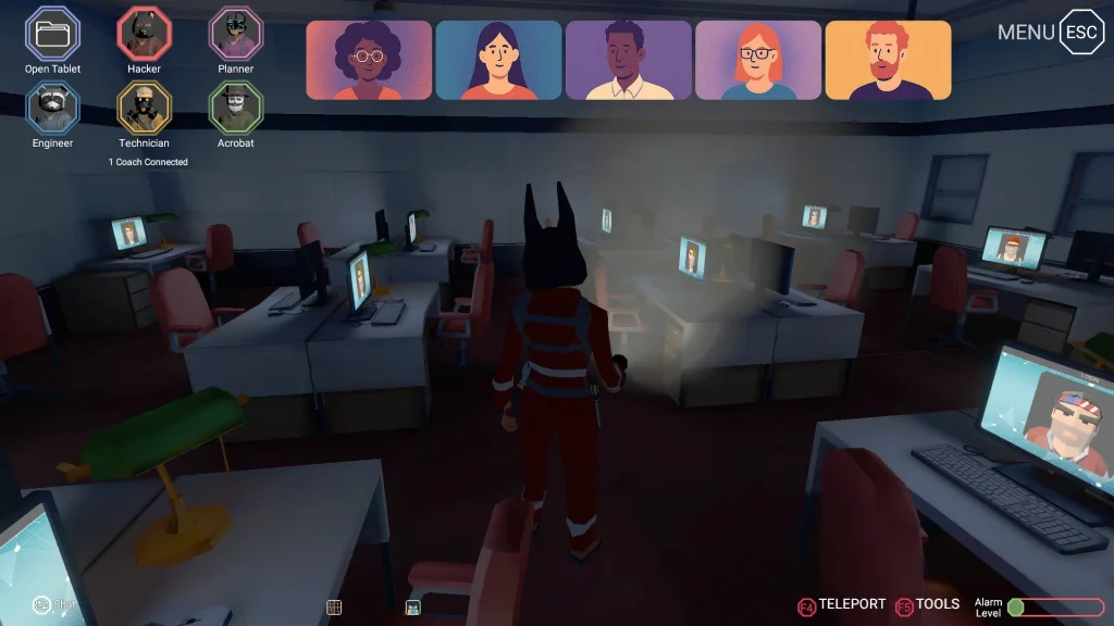 A screenshot of the CinQ coach view, with illustrations overlaid to represent live participant webcams typically used during workshops.