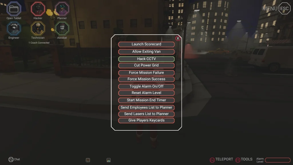 A screenshot of some of the CinQ coach tools, which allow them to modify and direct the player experience in real time.