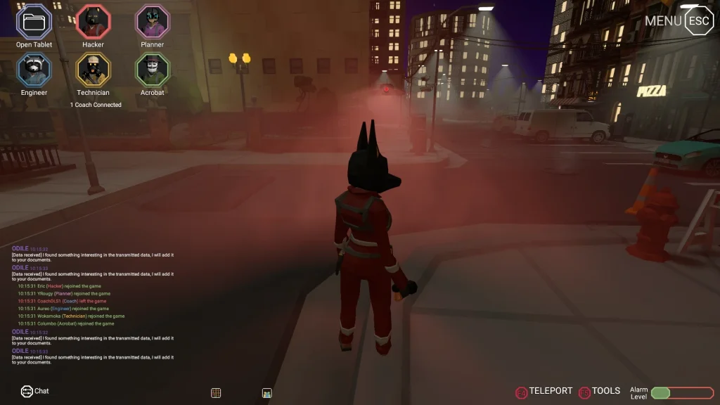 A CinQ screenshot showing the Coach view observing a hacker player about to be caught by a drone in real time.
