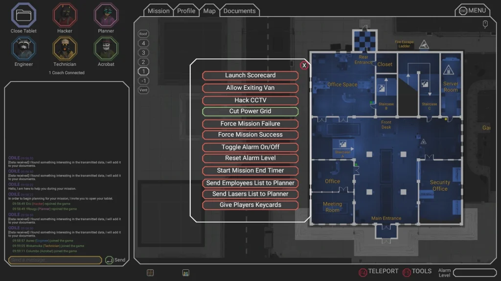A screenshot of the CinQ coach view, including some of the tools used to manage and facilitate the experience.
