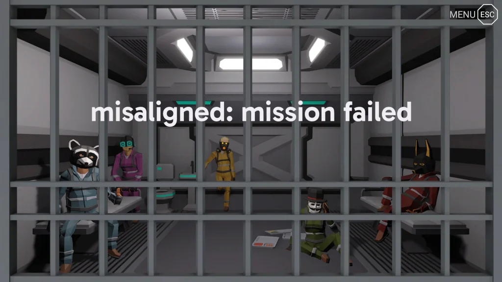 A screenshot from CinQ with the player characters behind bars, and bold text over the screen: "misaligned: mission failed".