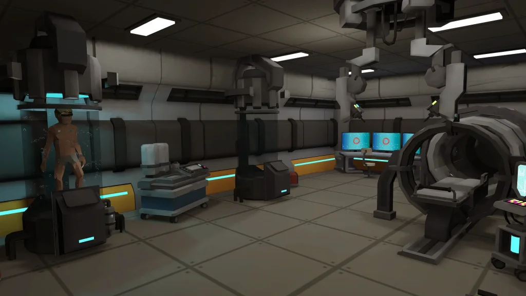 Screenshot from the CinQ video game, representing the inside of a futuristic research laboratory.