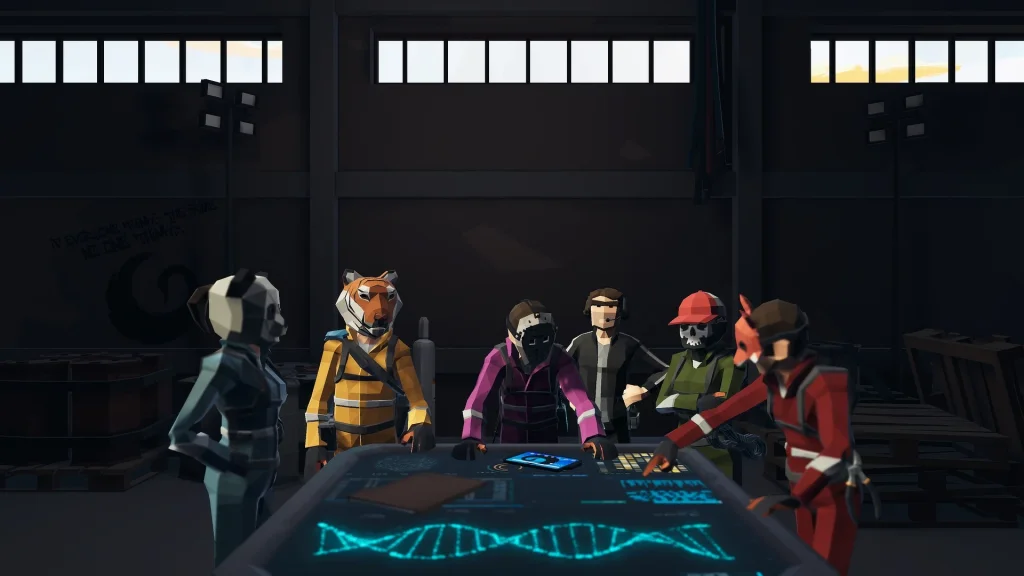 Screenshot from the CinQ video game, representing a team of people with masks planning a mission around a high-tech table.