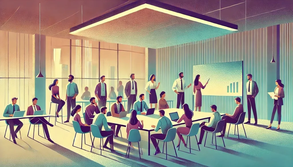 An illustration representing a large group of business people working inside a large office space.