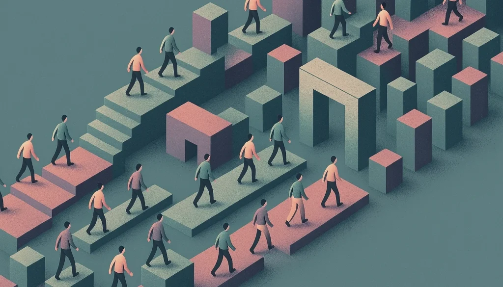 An illustration representing a group of people navigating an abstract obstacle course.