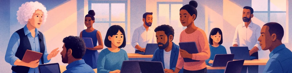A panoramic illustration representing a team of business people and coaches working and learning together.