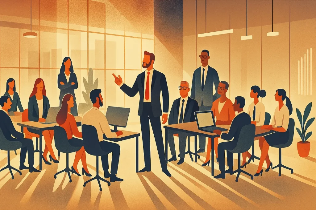 An illustration representing a team being coached on their computers.