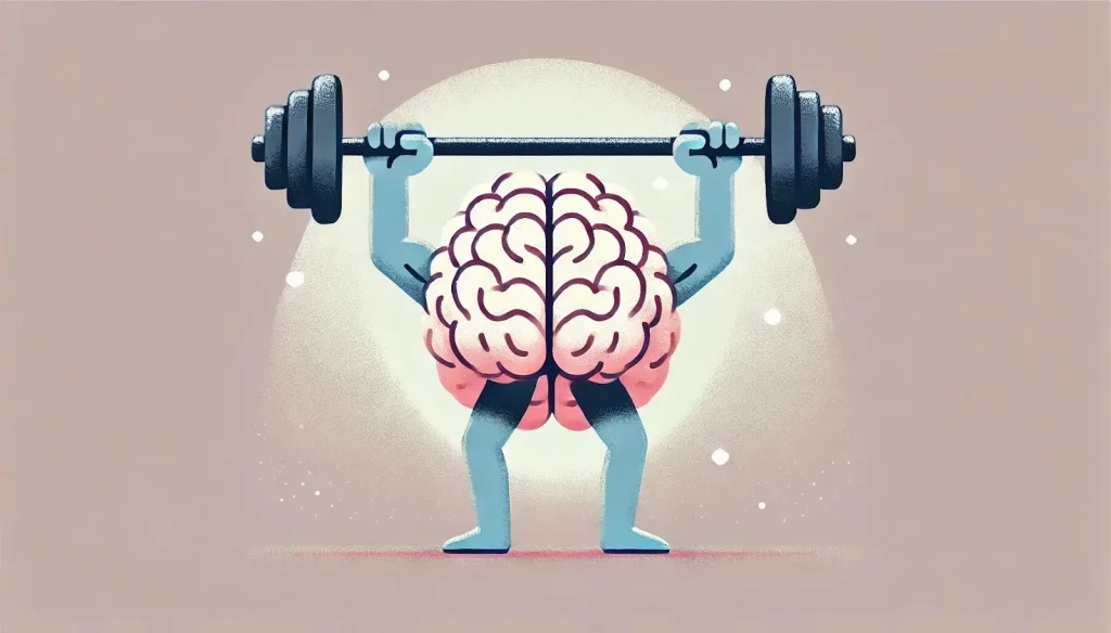 An illustration representing a brain with arms and legs lifting weights.