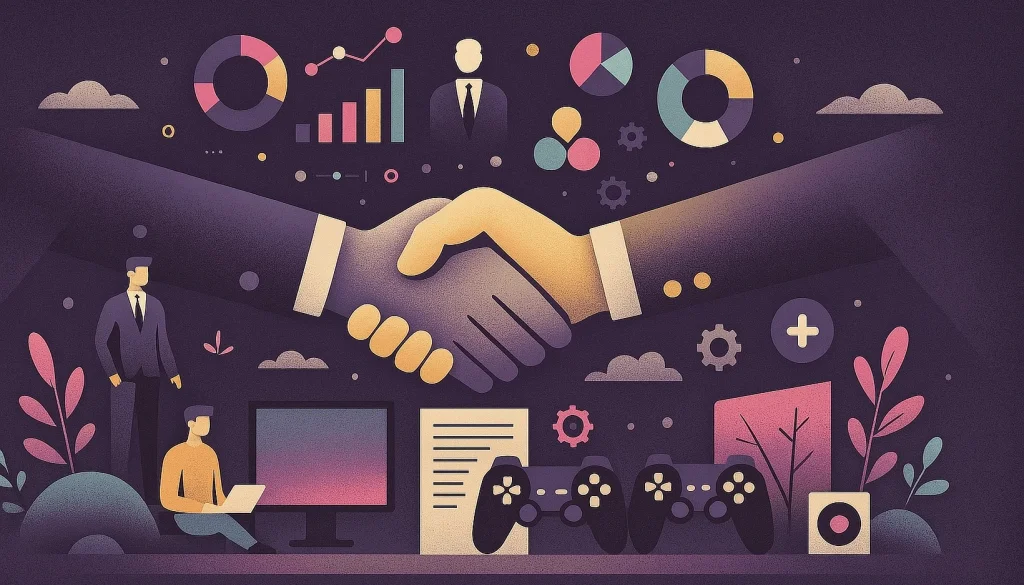 An illustration representing hands being shaken, surrounded by business gaming objects and imagery.