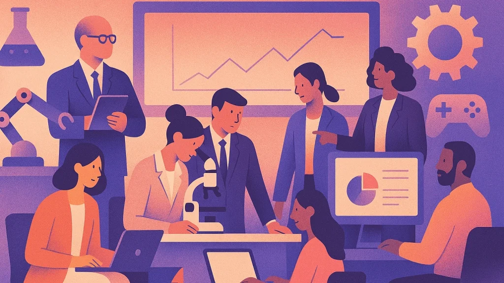 An illustration representing a team of people in business attire working in a lab surrounded by business and gaming imagery.