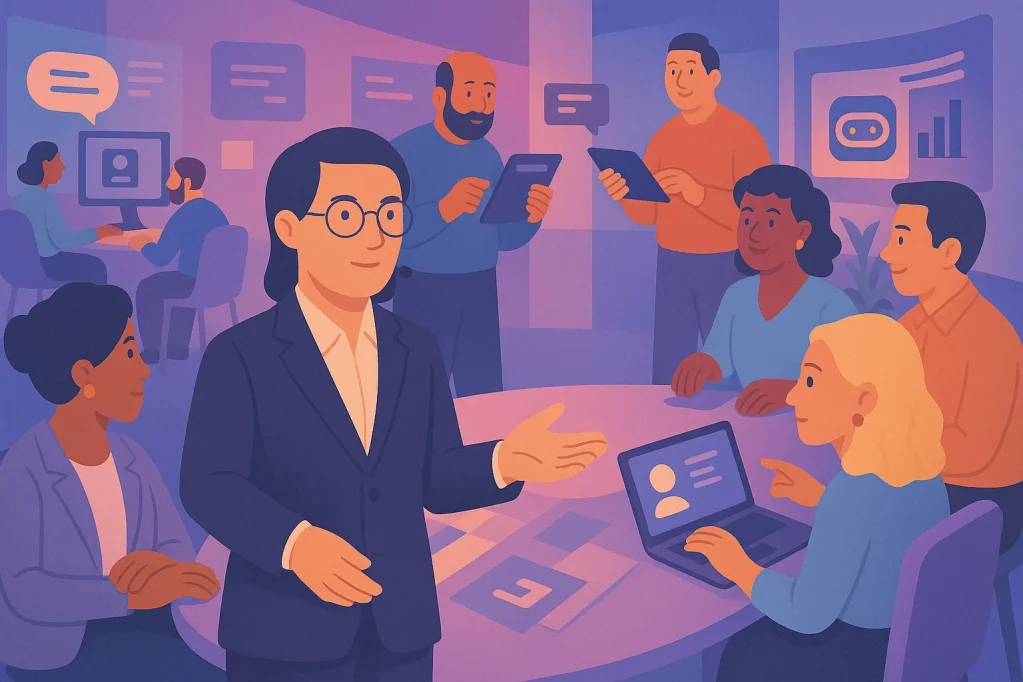 An illustration representing a person coaching a team using CinQ.