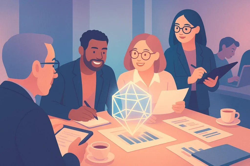 An illustration representing business leaders working together and with AI.