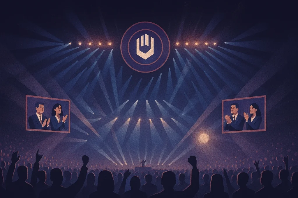 An illustration representing a large stage with two business teams competing in front of a crowd.
