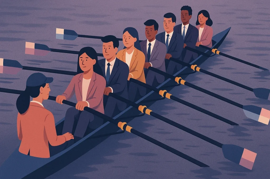 An illustration representing business people rowing a boat together.