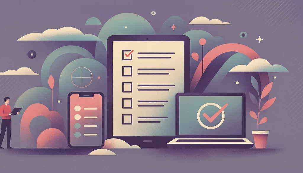 An illustration representing a checklist surrounded by tech devices.
