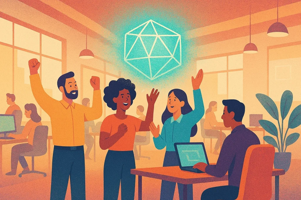 An illustration representing a group of business people working with an abstract holographic AI, and celebrating success.
