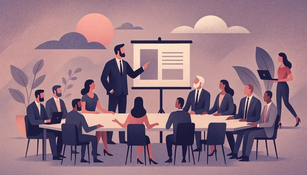An illustration representing a businessperson presenting to a group of business people.
