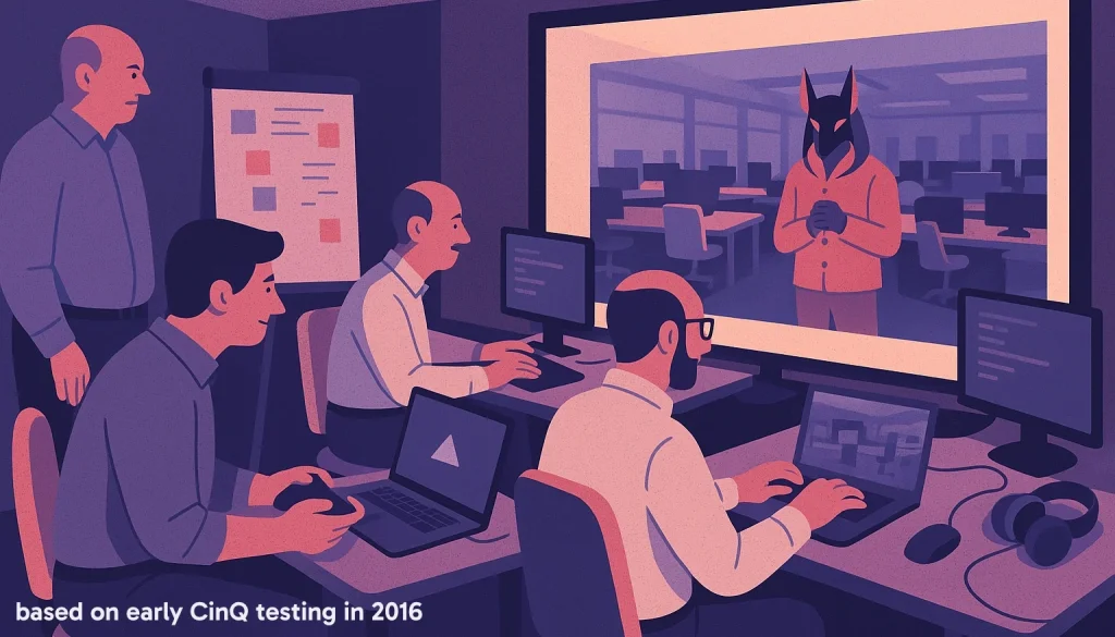 An illustration based on a photo of an early CinQ testing event in 2016.