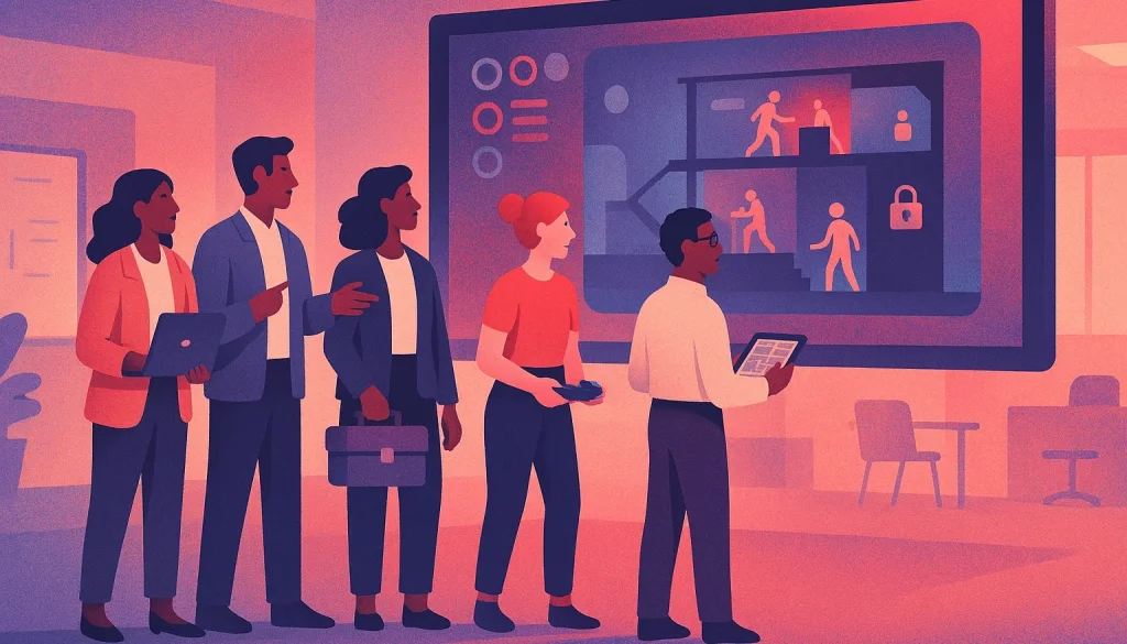 An illustration of a group of business people working together facing a large screen showing video game simulation content.