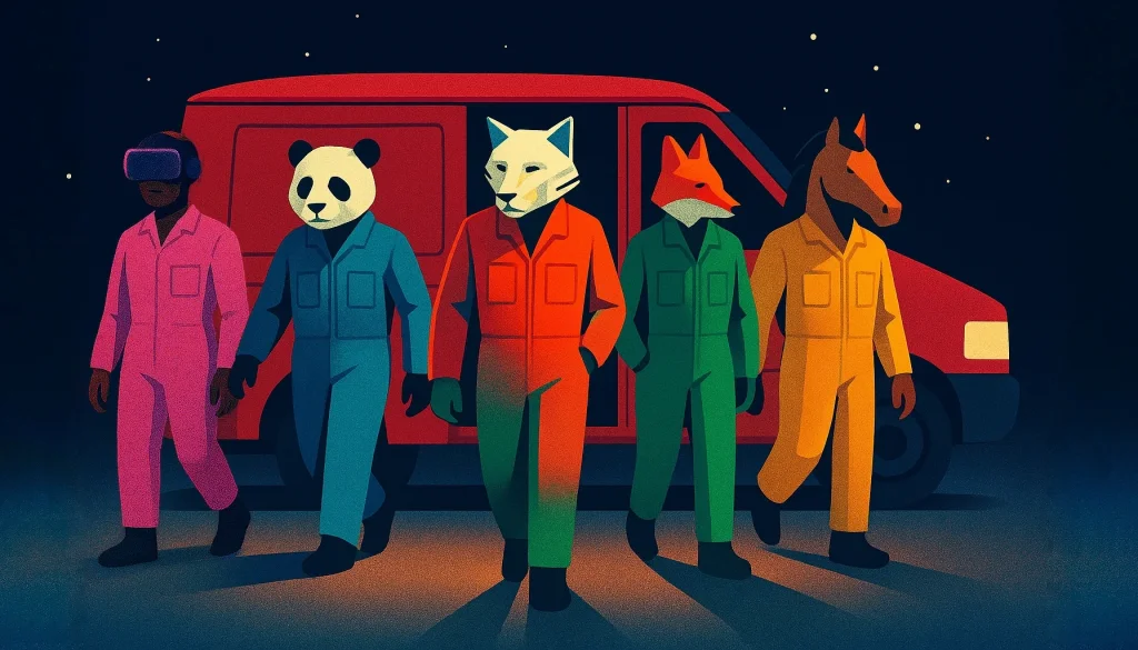 An illustration representing people wearing colorful work coveralls and animal masks getting out of a red van.