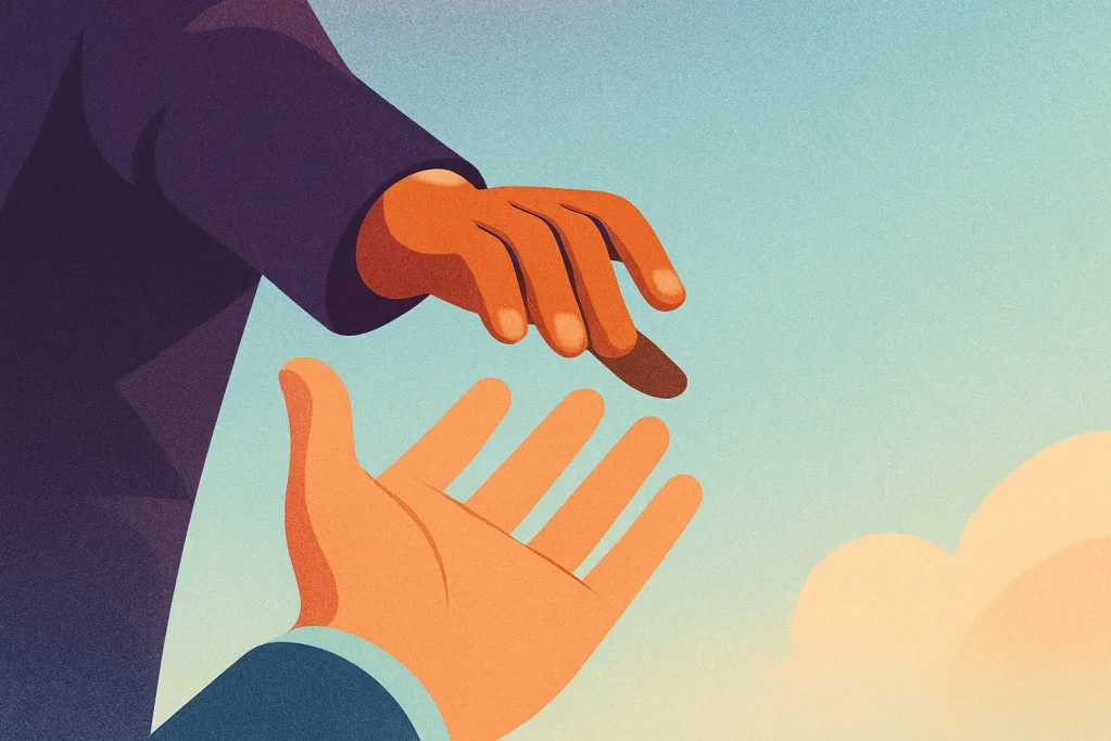 An illustration showing a coach's hand helping someone up.