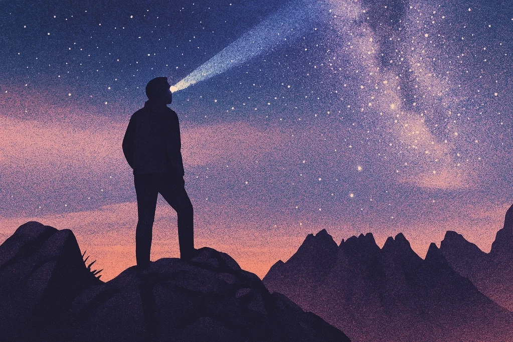 A photo of a person looking up at a starry night sky with a headlamp.