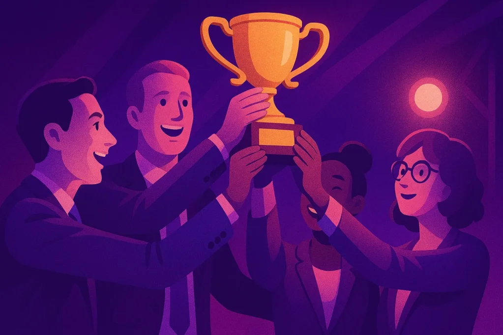 A group of young business people smiling and holding up a trophy together.