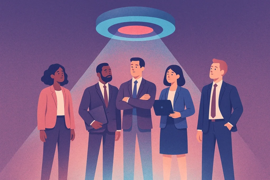 An illustration representing a team of business people being scanned by a large floating hologram.