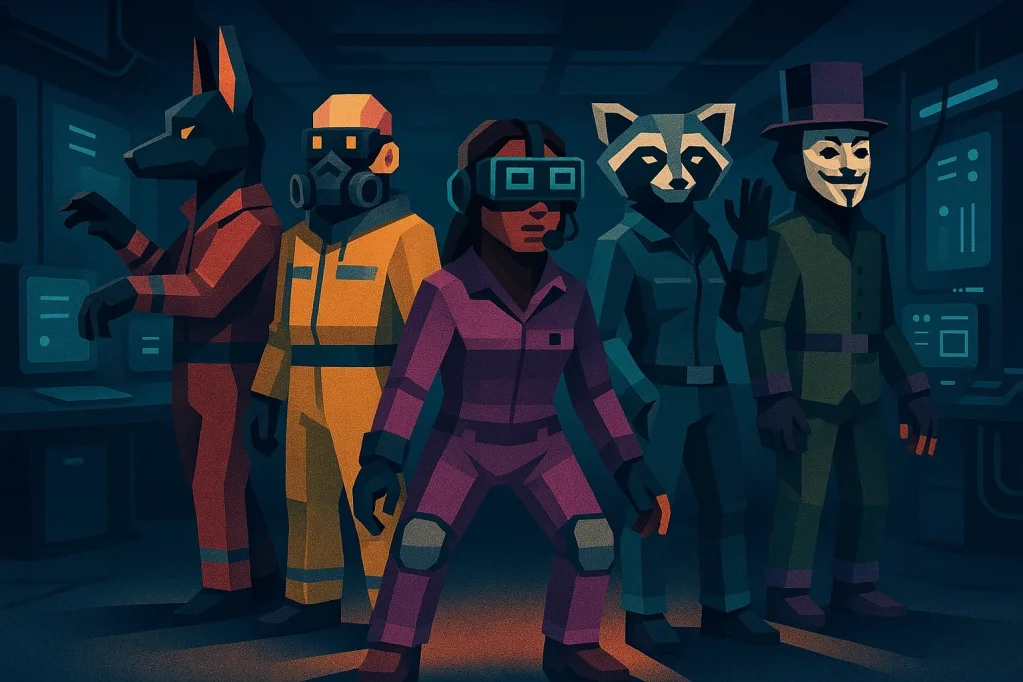 An illustration representing the 5 CinQ playable characters (hacker, technician, planner, engineer, acrobat).