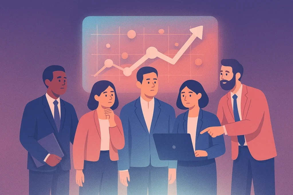 An illustration representing a team of business people analyzing their performance, represented as a graph floating behind them.