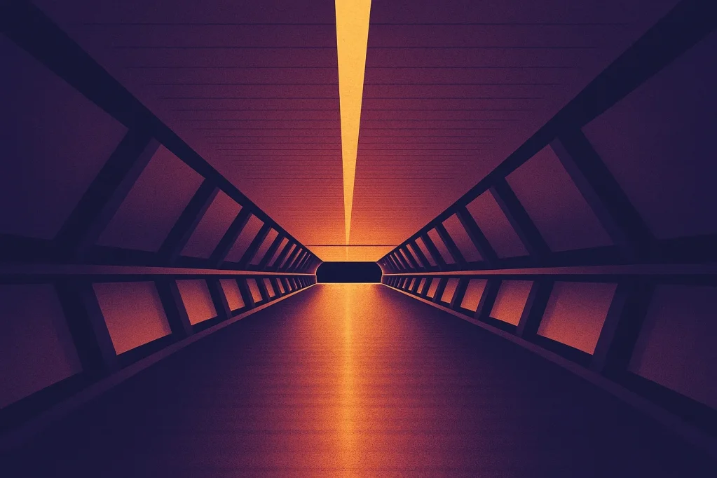 A photo of a futuristic hallway leading to a bright light.