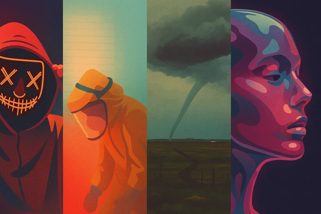 A set of 4 photos: a hacker wearing a neon mask; a person in a hazmat suit in a colorful fog; a tornado over a plain; a futuristic robotic plastic face.