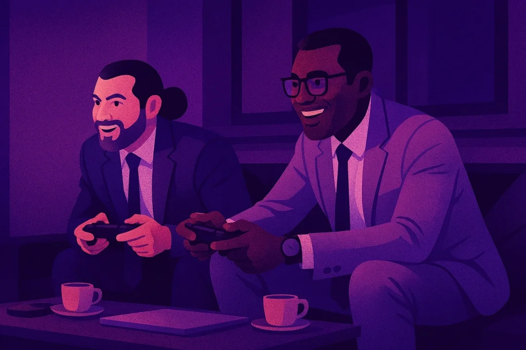 An illustration of two business people holding game controllers and playing video games.