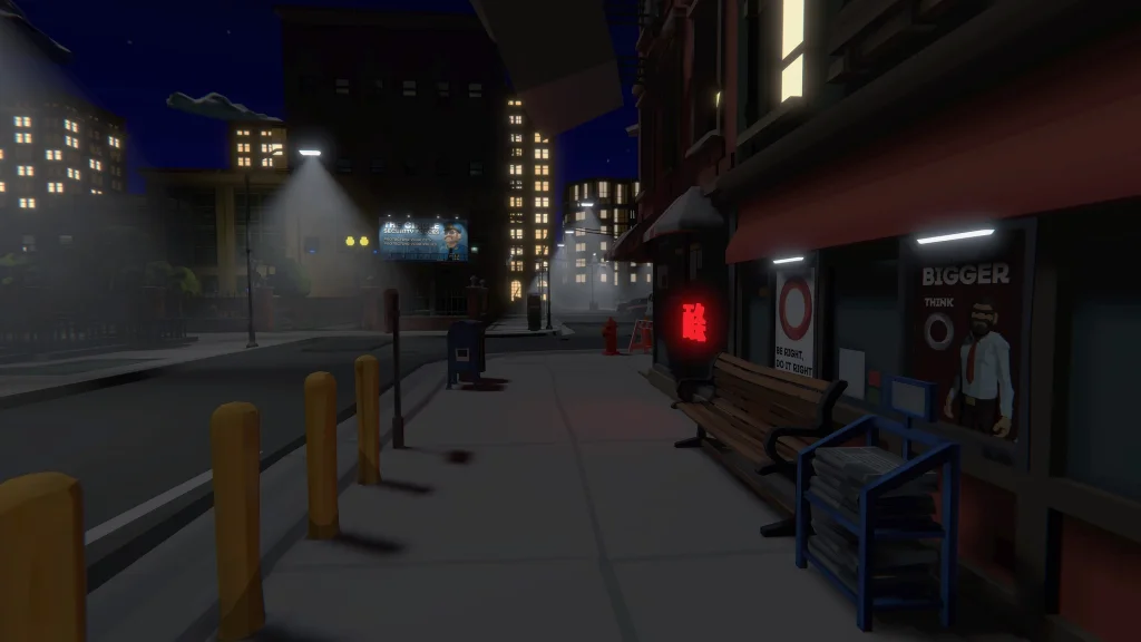 A exterior view of a city street taken from the CinQ video game.